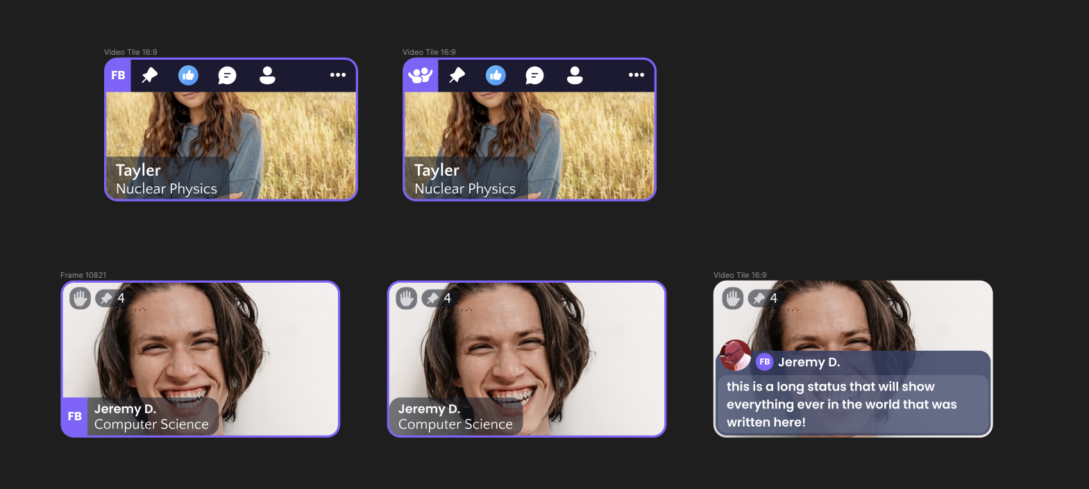 Multiple video tile variants with different status indicators and hover states